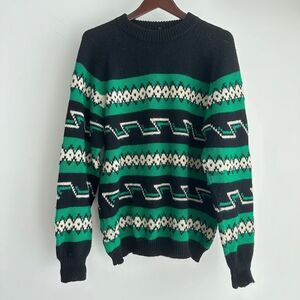 Vintage Wool Ski Sweater Mens Large Chunky Hand Knit Retro